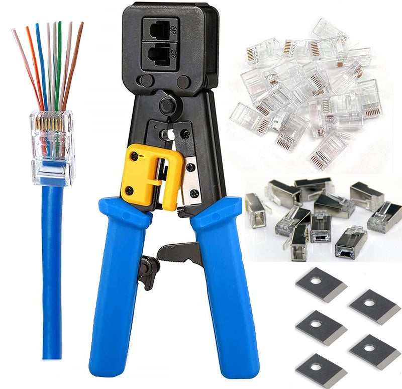 PETECHTOOL RJ45 Crimp Tool Ethernet Pass Thru Crimper with 5Pack 8Pin Replacement Blades and Cat6 Connectors 20Pcs for Cat5 Cat5e Cat6 RJ45 RJ12 Regular and Pass Through Ends Comes - Image 1